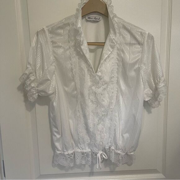 Vintage Mass Appeal Blouse Shimmer White US Large Ruffle Victorian Lace Dramatic - Picture 5 of 13